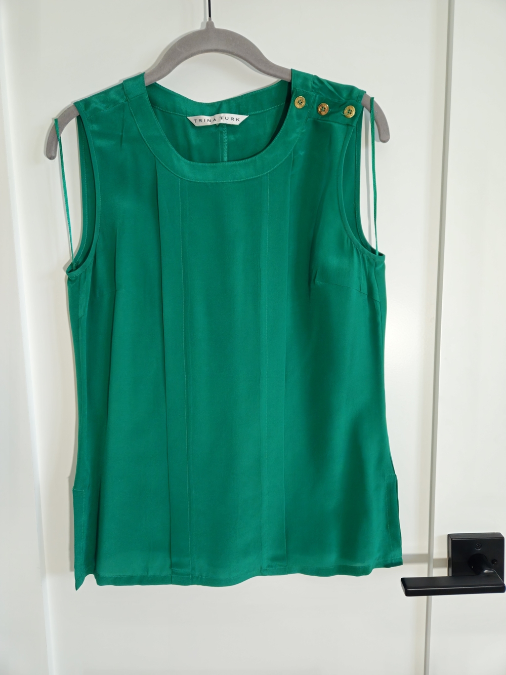 Trina Turk Emerald Green Sleeveless Button-Shoulder Top